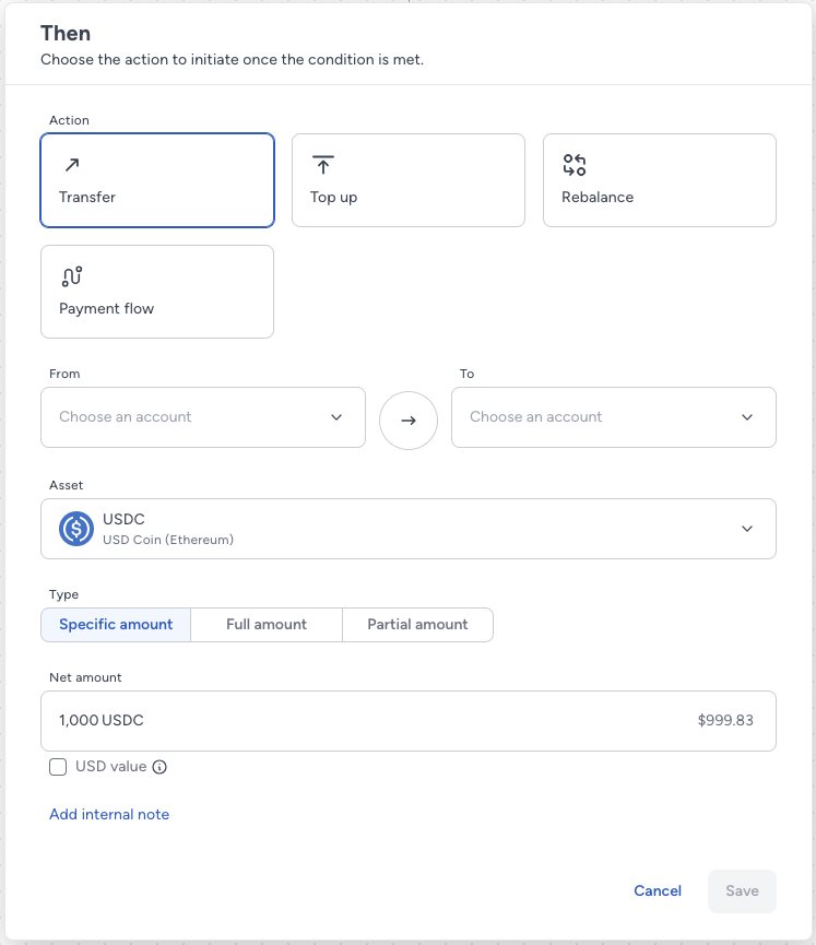 Edit automation rule action screenshot with transfer selected as the action, asset set to USDC, and net amount selected with 1,000 USDC entered.