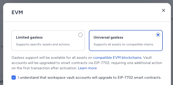 EVM window with Universal gasless option