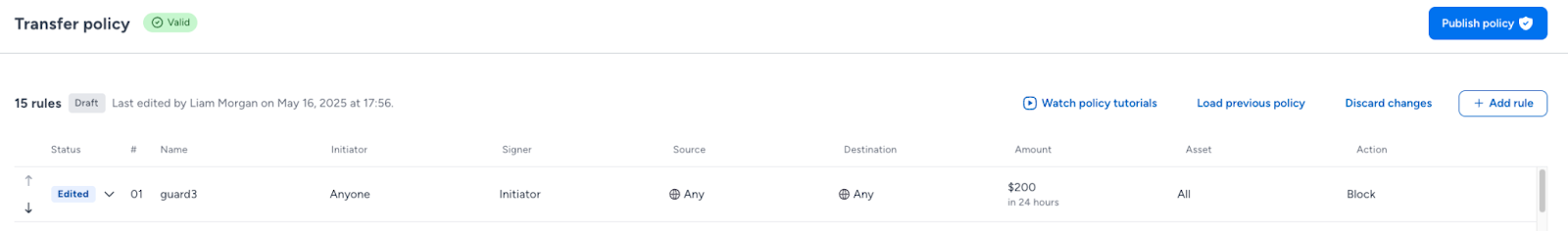 Sample policy rule showing parameters and action