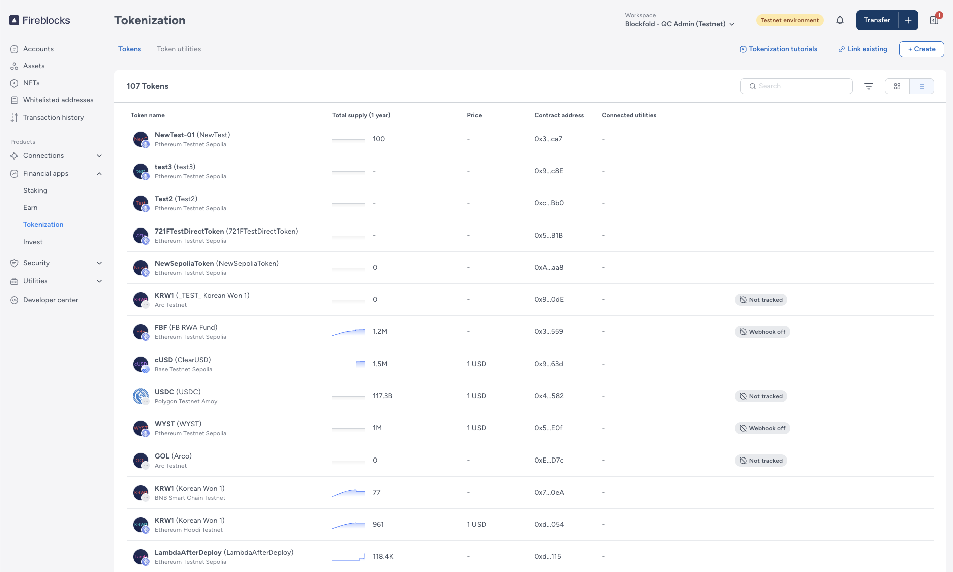 Tokens list page in the Console