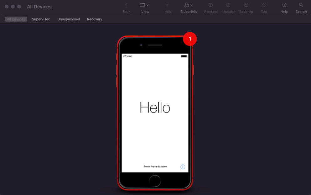 Apple configurator initial screen with iPhone Hello screen displayed