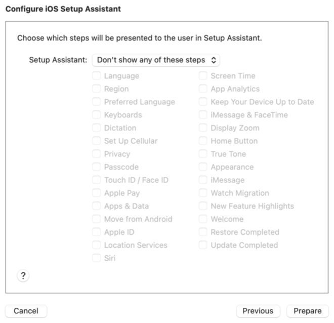 Configurator device initial setup option selection