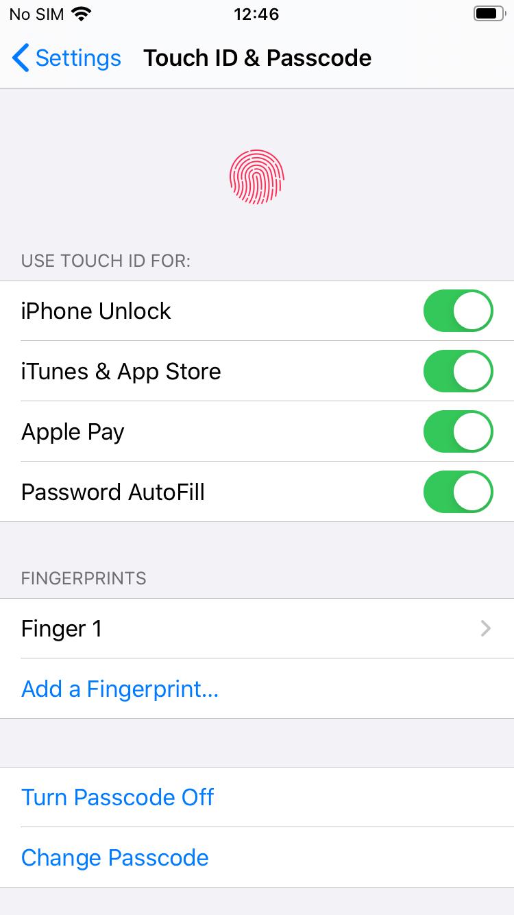 iPhone touch ID and passcode settings screen