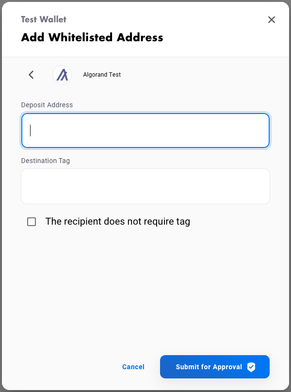 add whitelisted address console dialog with destination tag shown