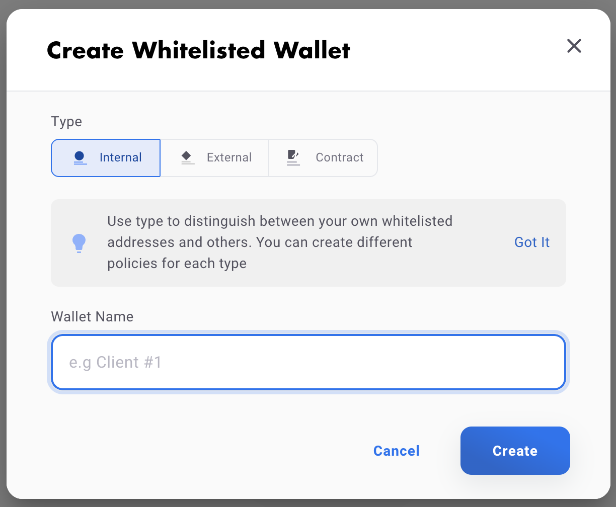 create whitelisted wallet console dialog