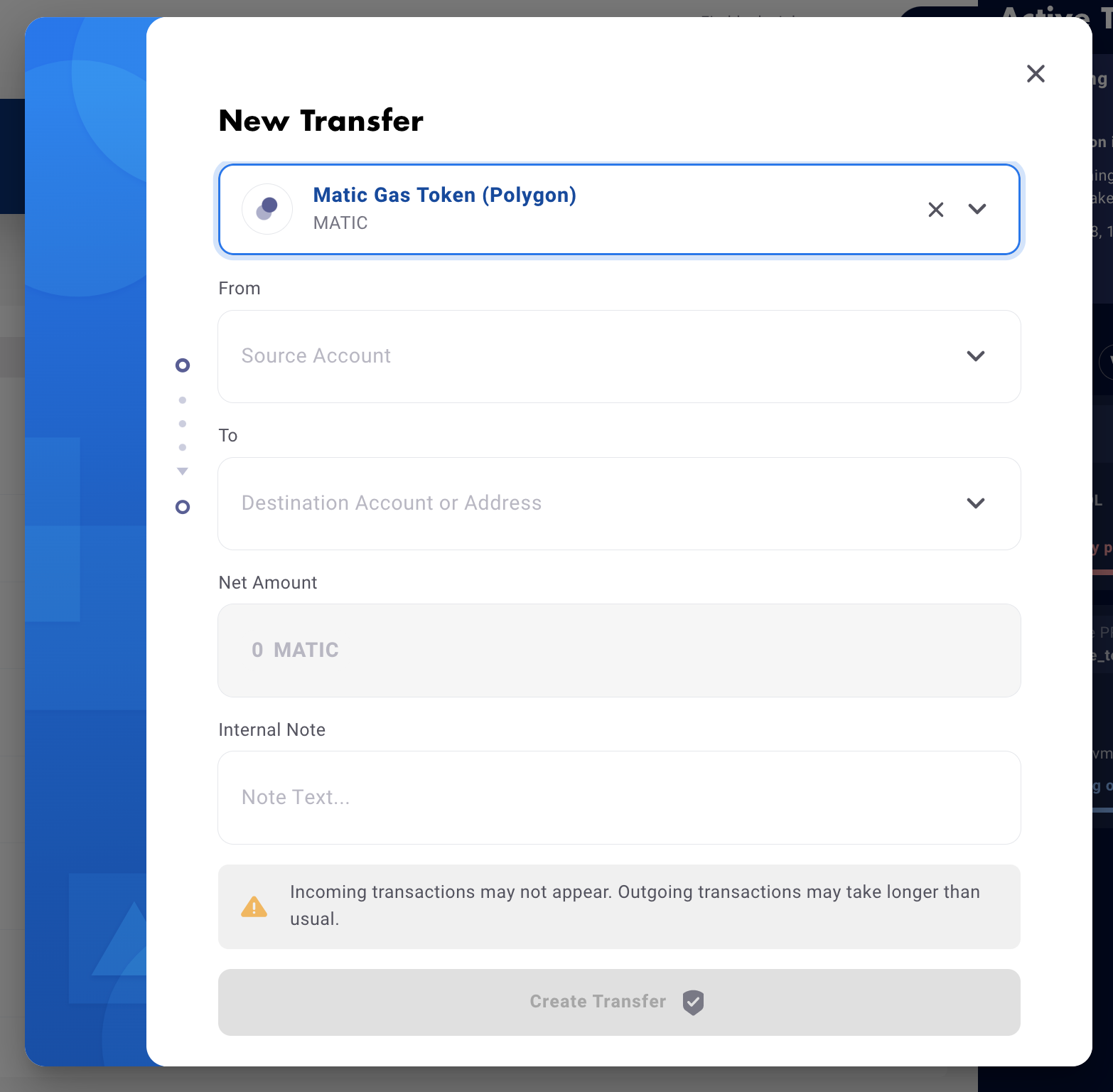 New transfer dialog blockchain warning