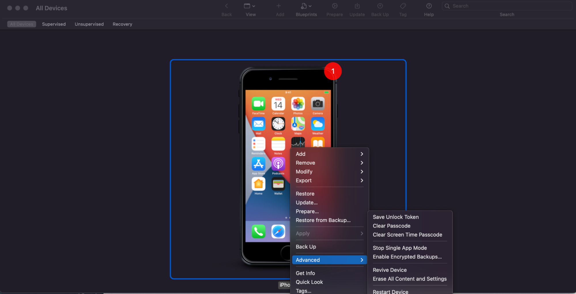 Configurator screen with contextual menu with option to stop the connected iOS device single app mode