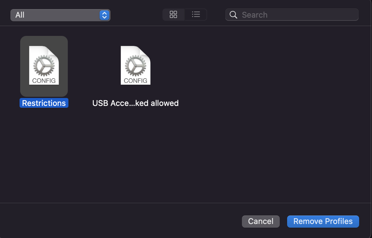 Configurator remove profiles dialog screen