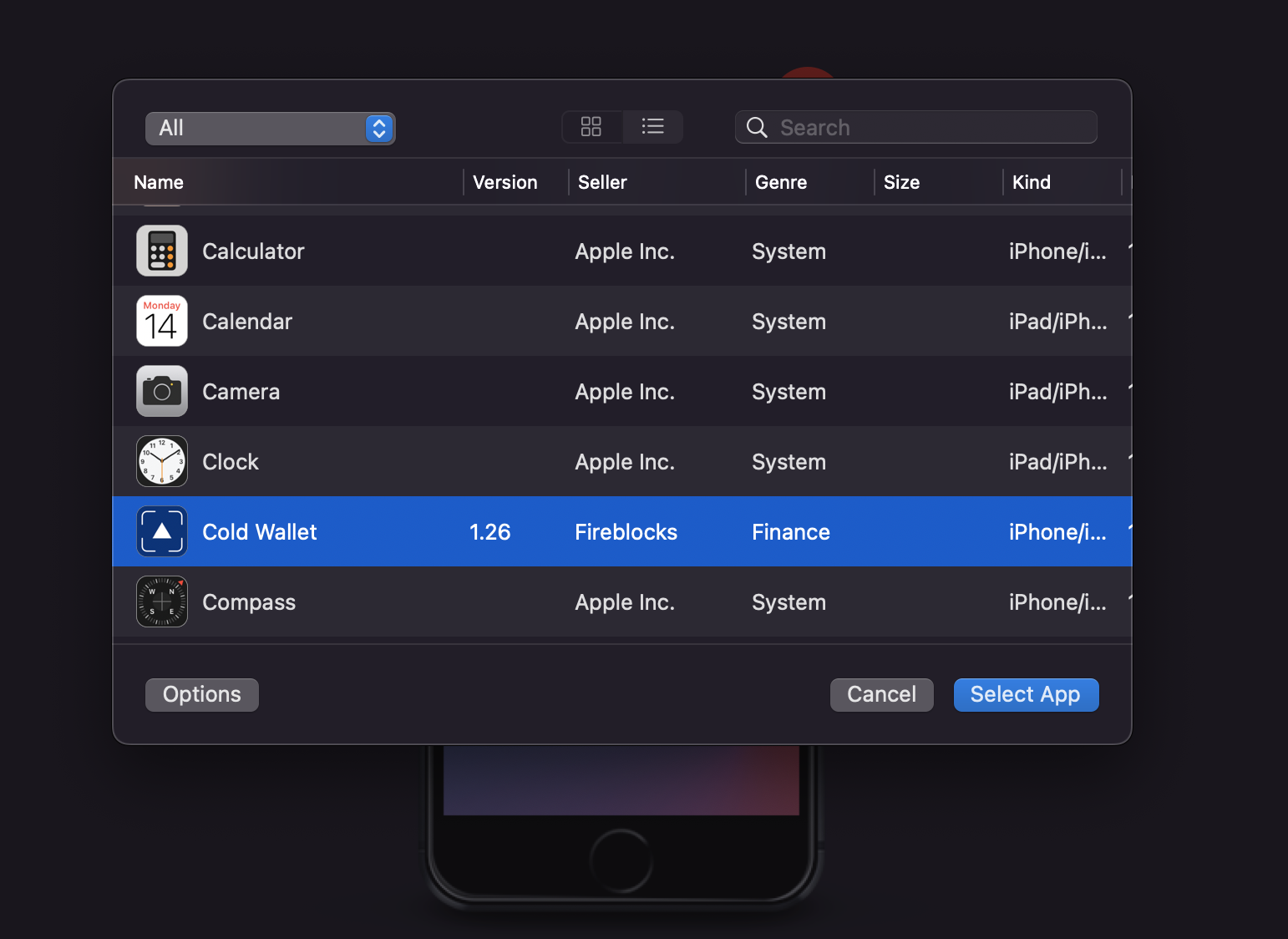 Configurator single app selection dialog screen with Cold Wallet highlighted