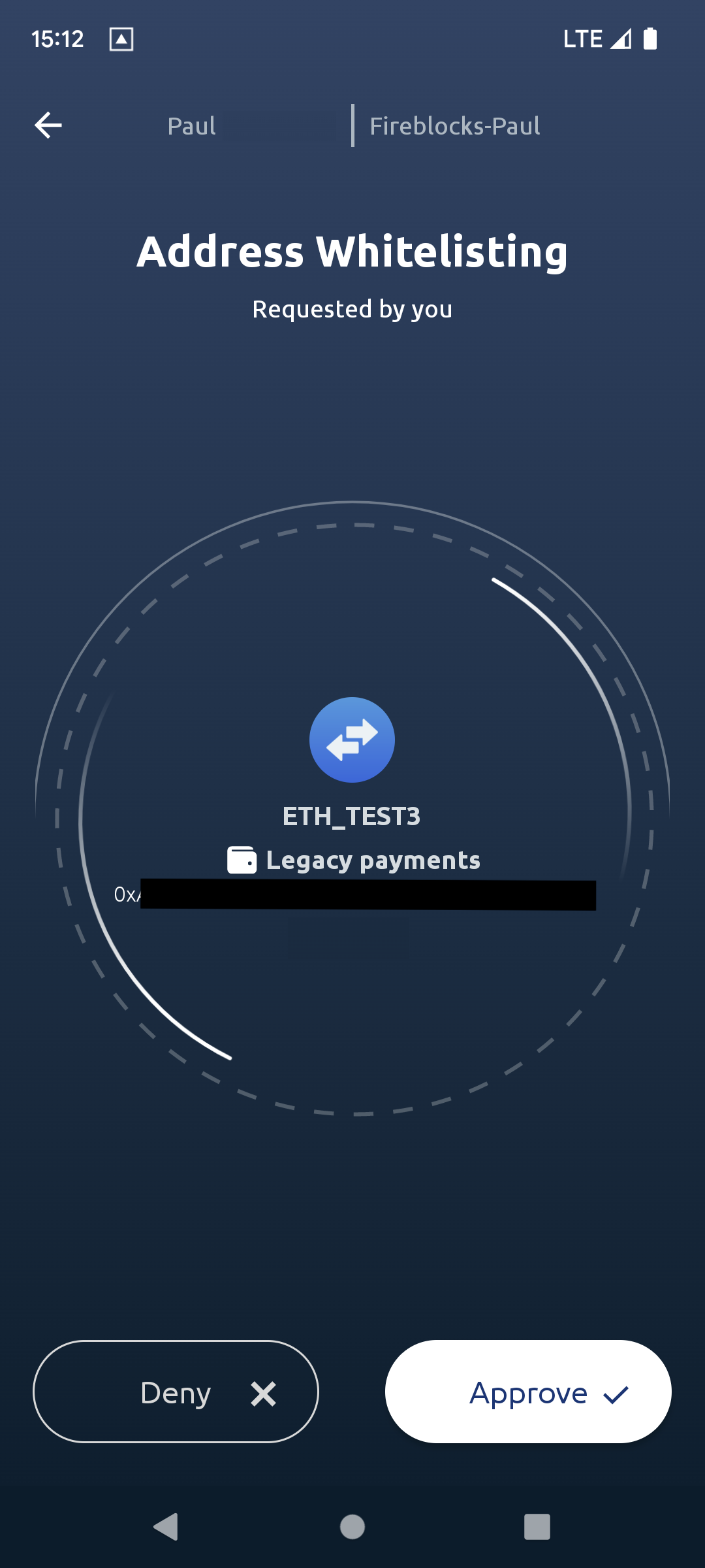New address whitelisting mobile details screen with approve or deny selection