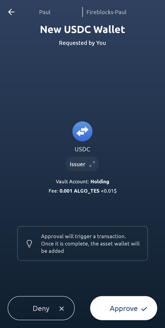 New USDC on algorland asset wallet mobile approval screen 