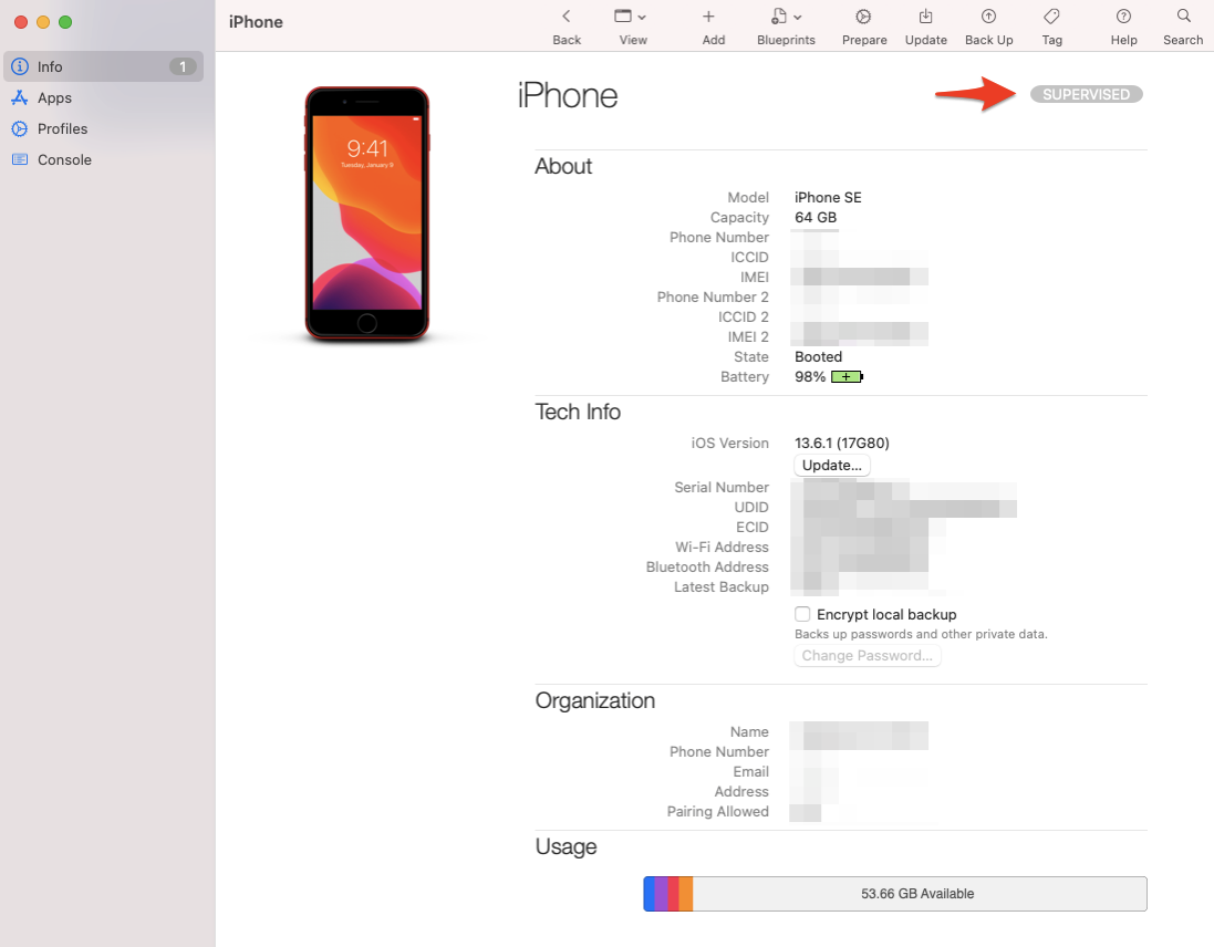 Configurator device profile screen showing the iPhone is in Supervised Mode